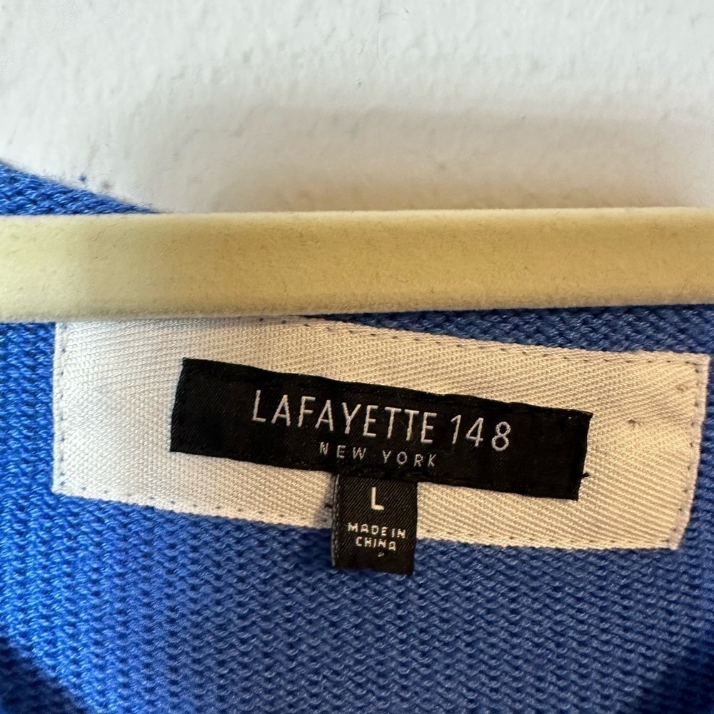 Lafayette 148 New York Blue Wide Boat Neck Crochet Mesh Knit Pullover‎ Sweater L - Picture 8 of 8